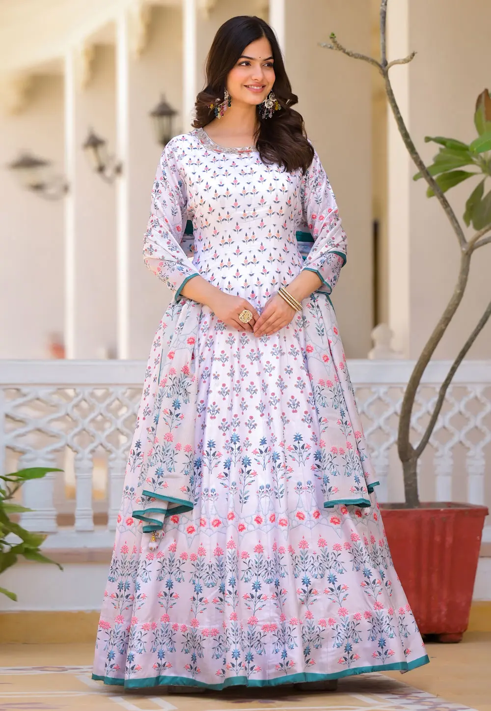 White Silk Readymade Long Anarkali Suit 299758