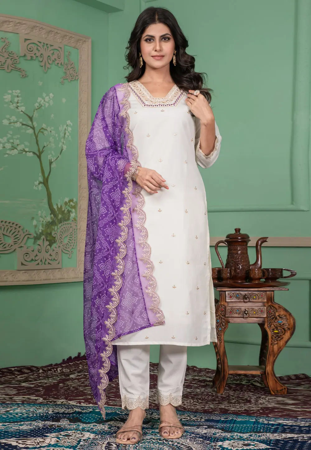 White Silk Readymade Pant Style Suit 302284