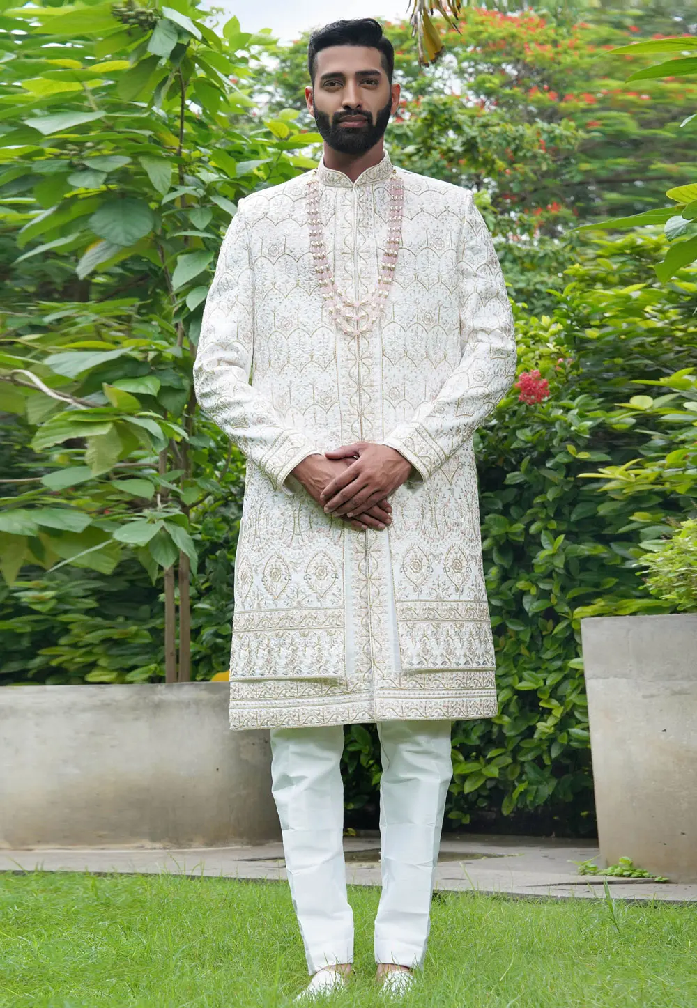 White Silk Sherwani 302473