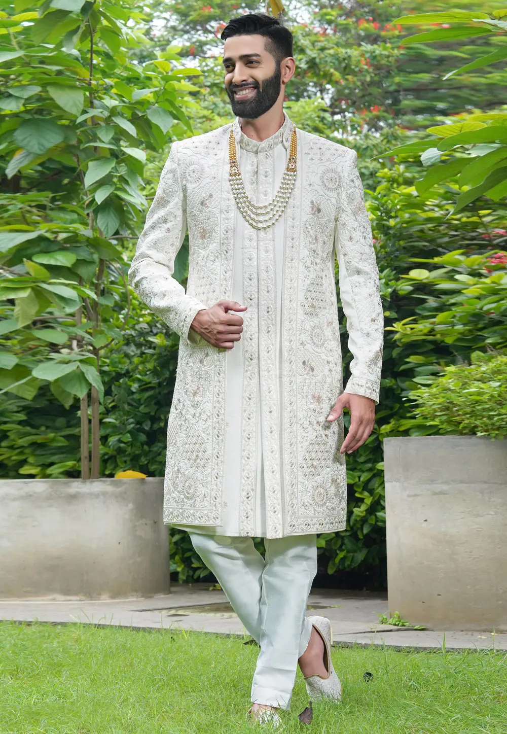 White Silk Sherwani 302479