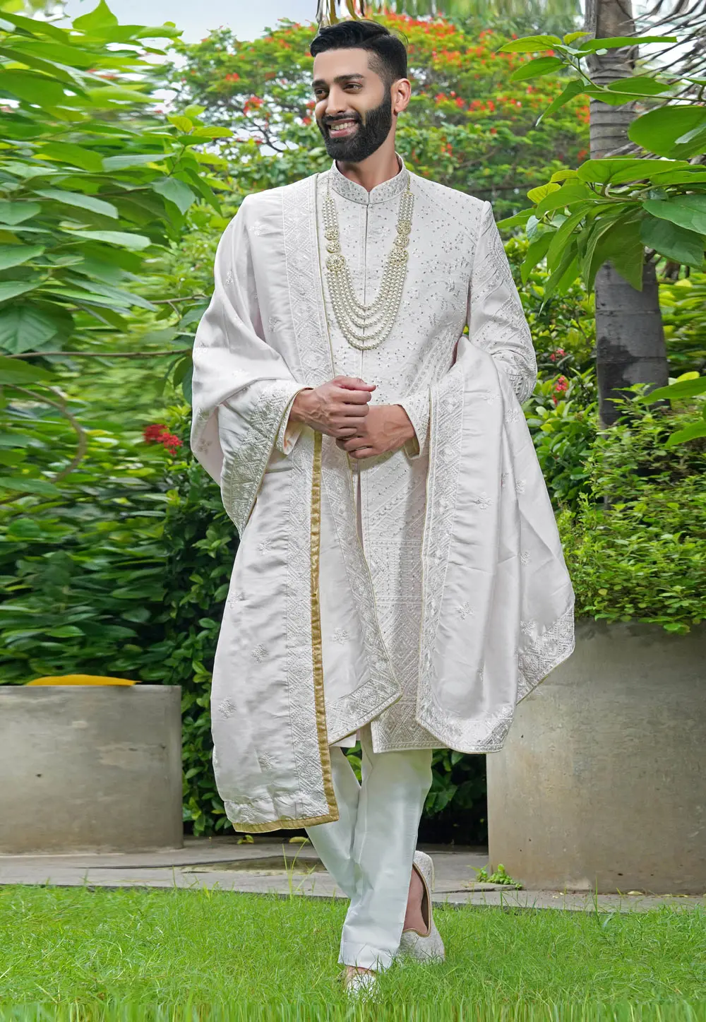 White Silk Sherwani 302480