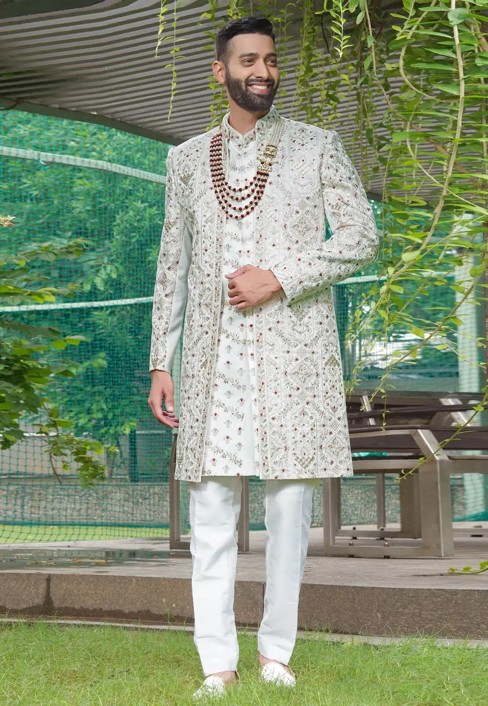 White Silk Sherwani 302484