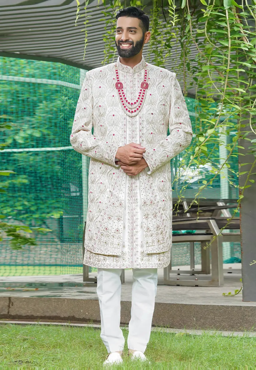 White Silk Sherwani 302486