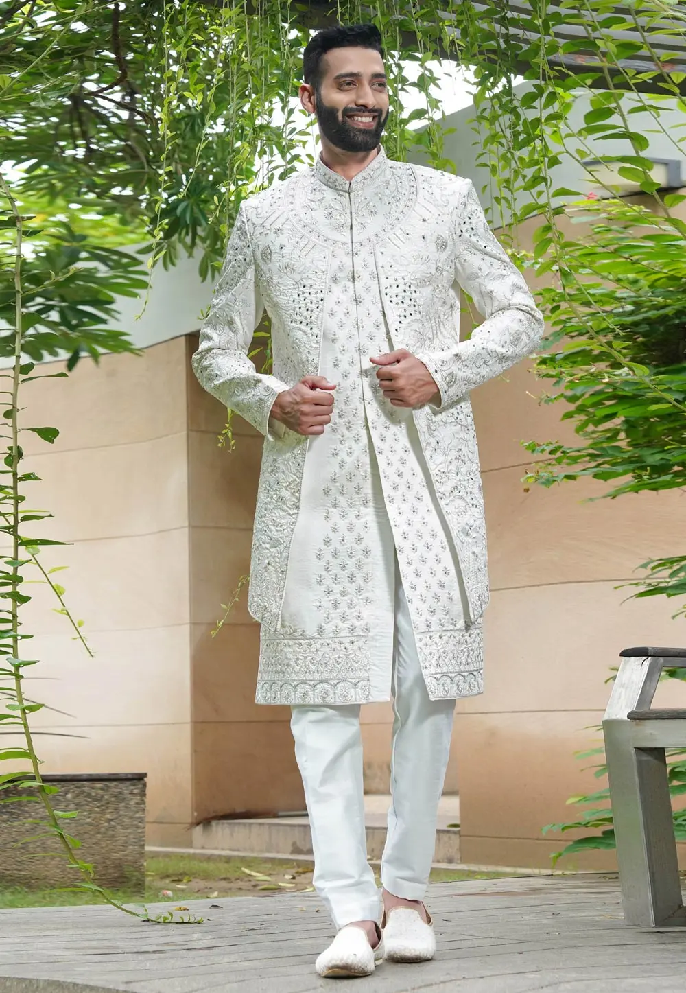 White Silk Sherwani 302487