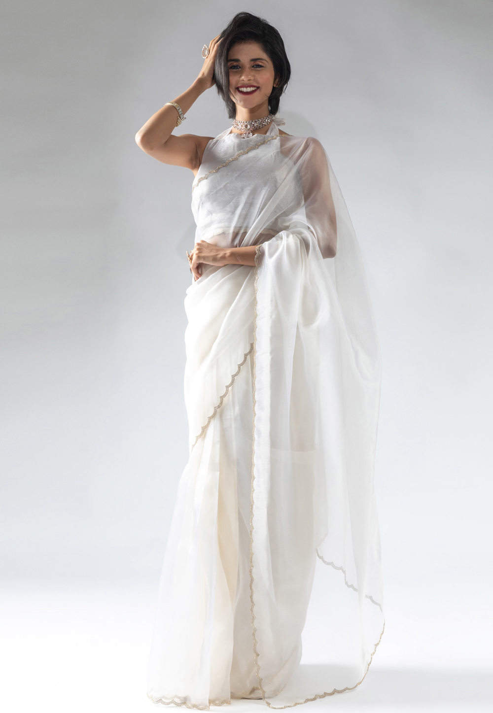 White Tissue Silk Saree With Blouse 309362