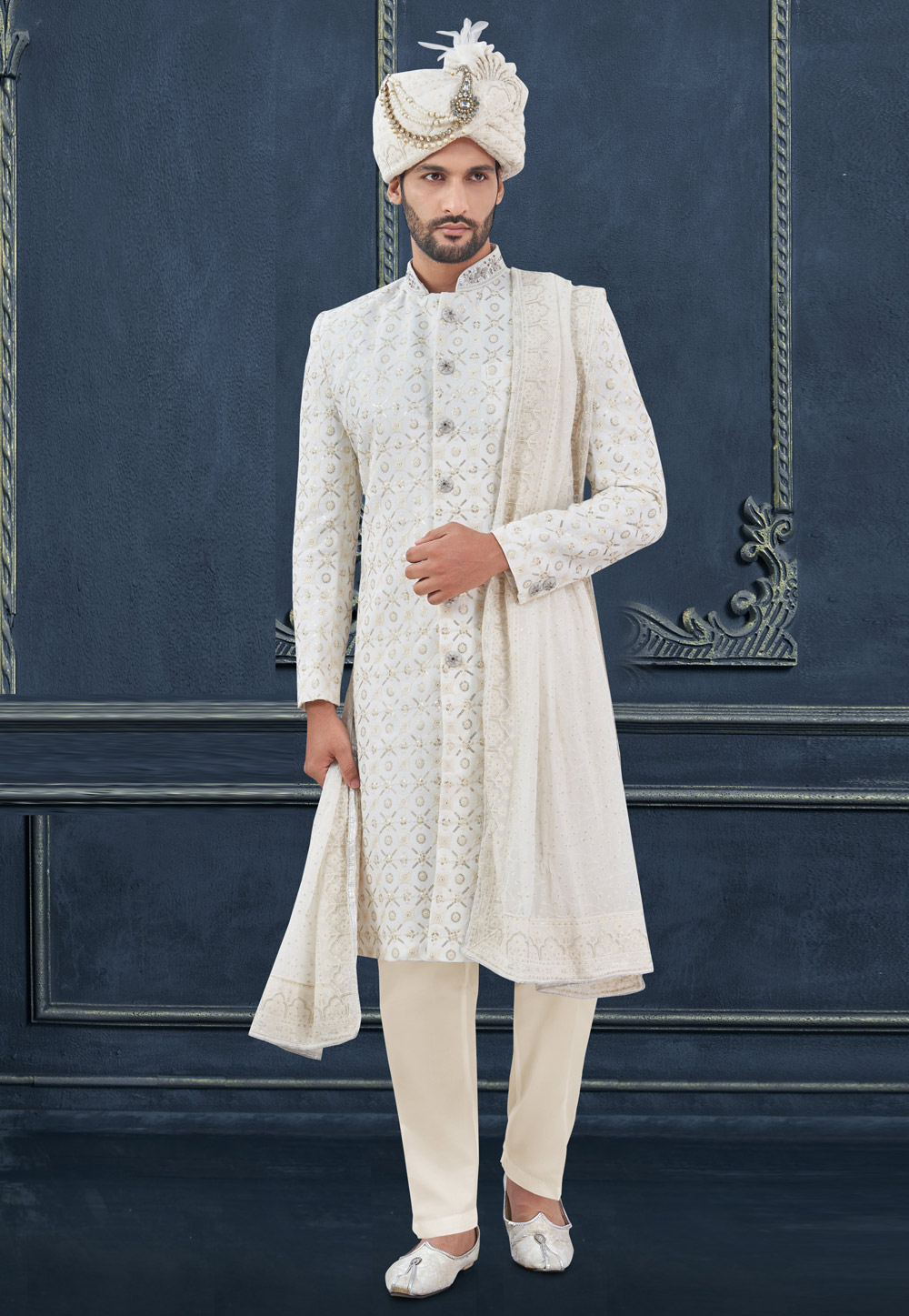 White Viscose Georgette Achkan Style Sherwani 305191