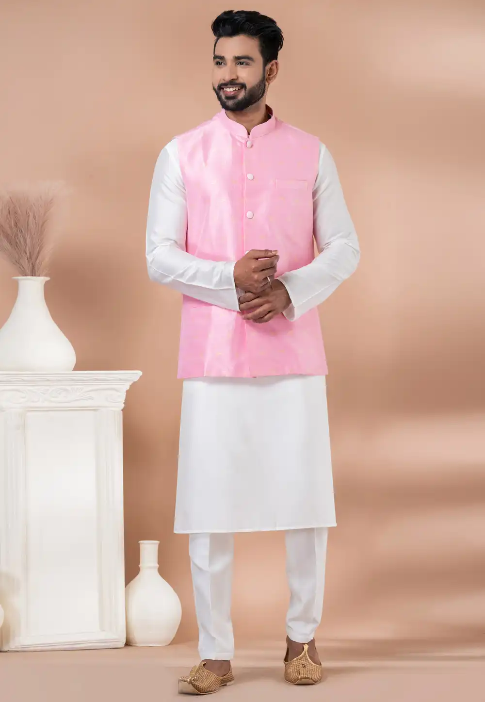 White Viscose Kurta Pajama With Jacket 288713