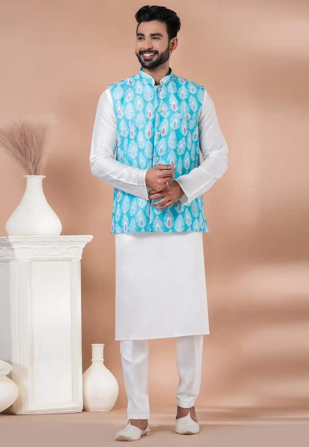 White Viscose Kurta Pajama With Jacket 288714