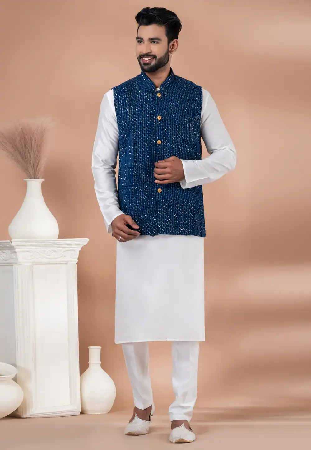 White Viscose Kurta Pajama With Jacket 288715