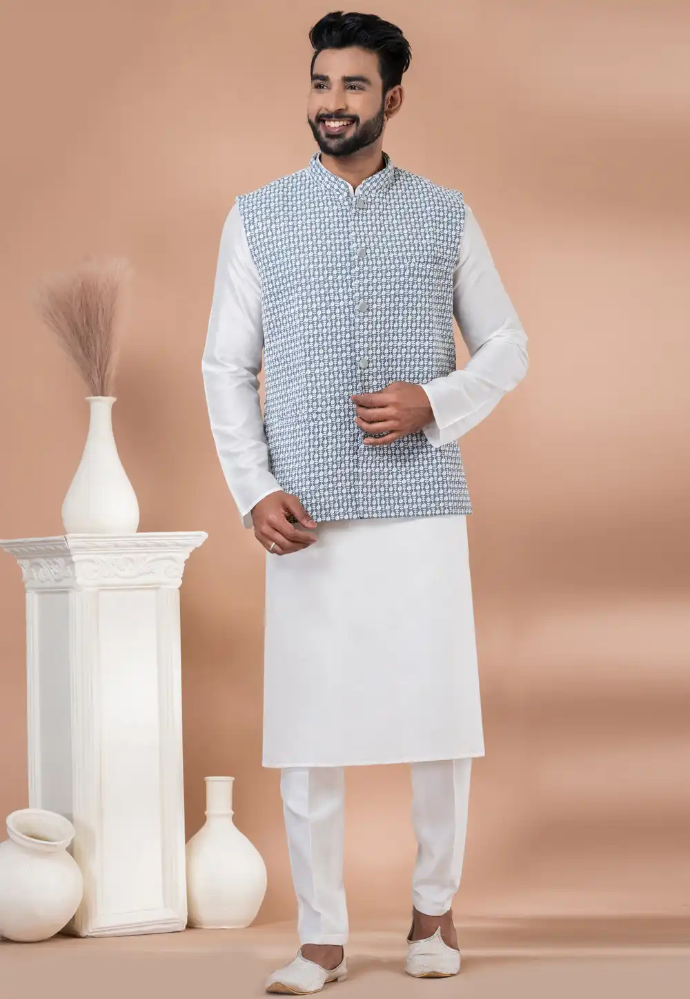 White Viscose Kurta Pajama With Jacket 288716