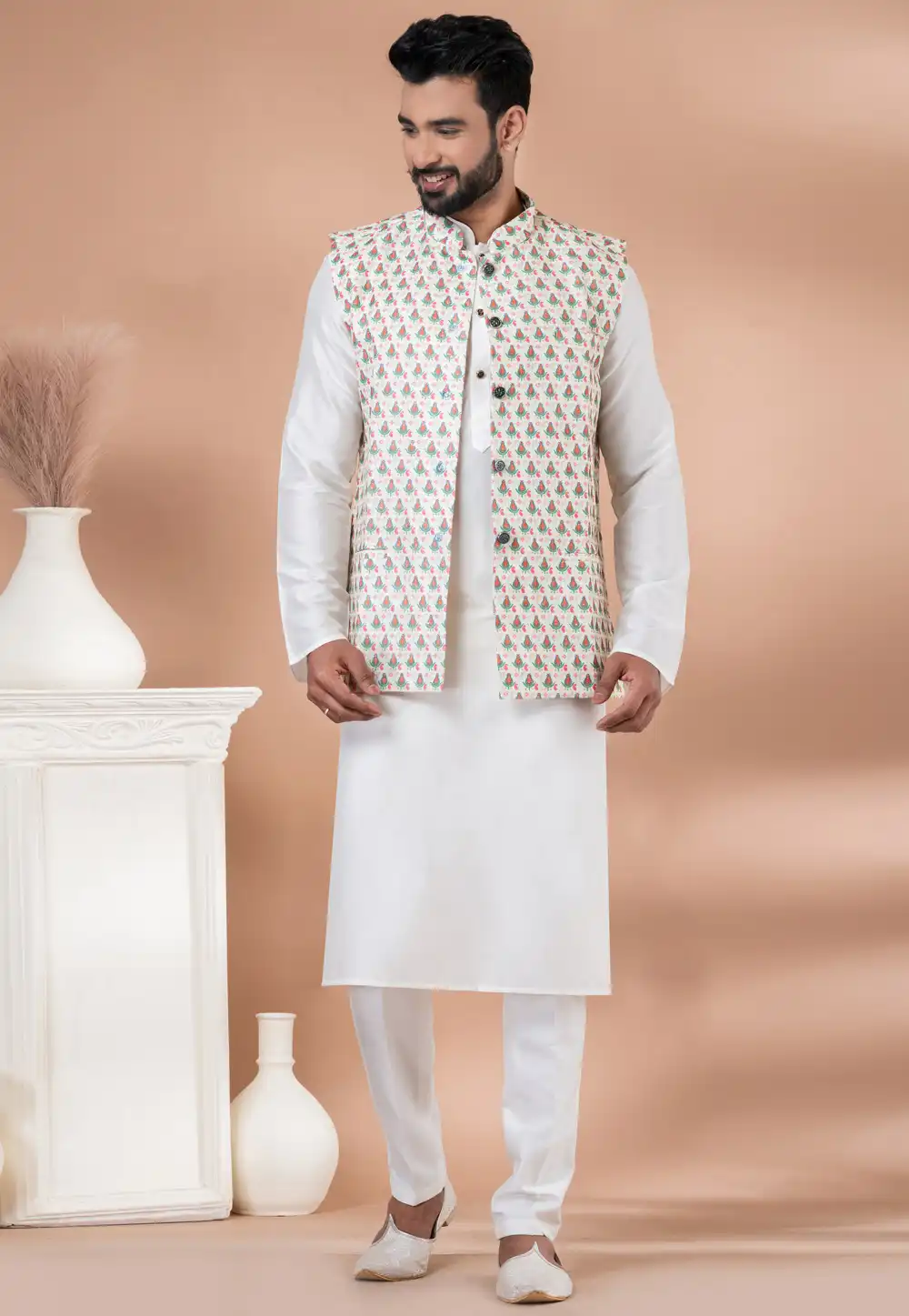 White Viscose Kurta Pajama With Jacket 288717