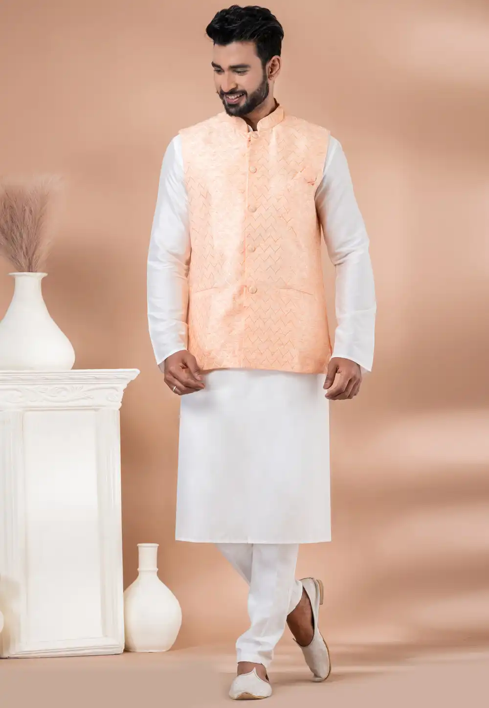 White Viscose Kurta Pajama With Jacket 288718