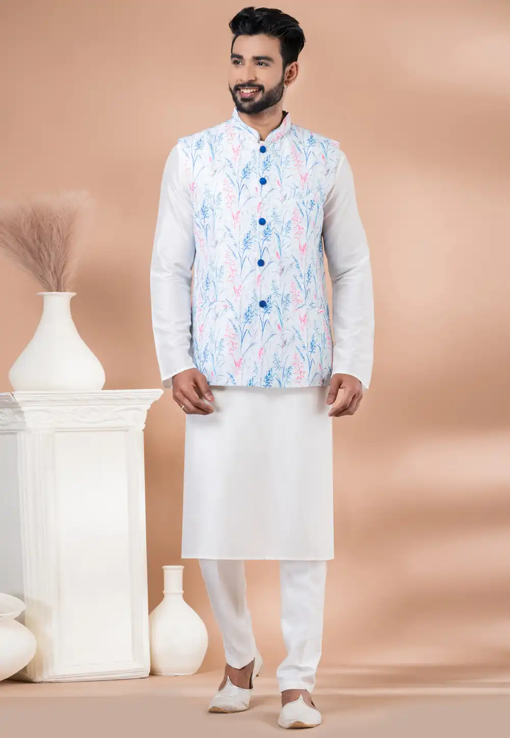 White Viscose Kurta Pajama With Jacket 288719