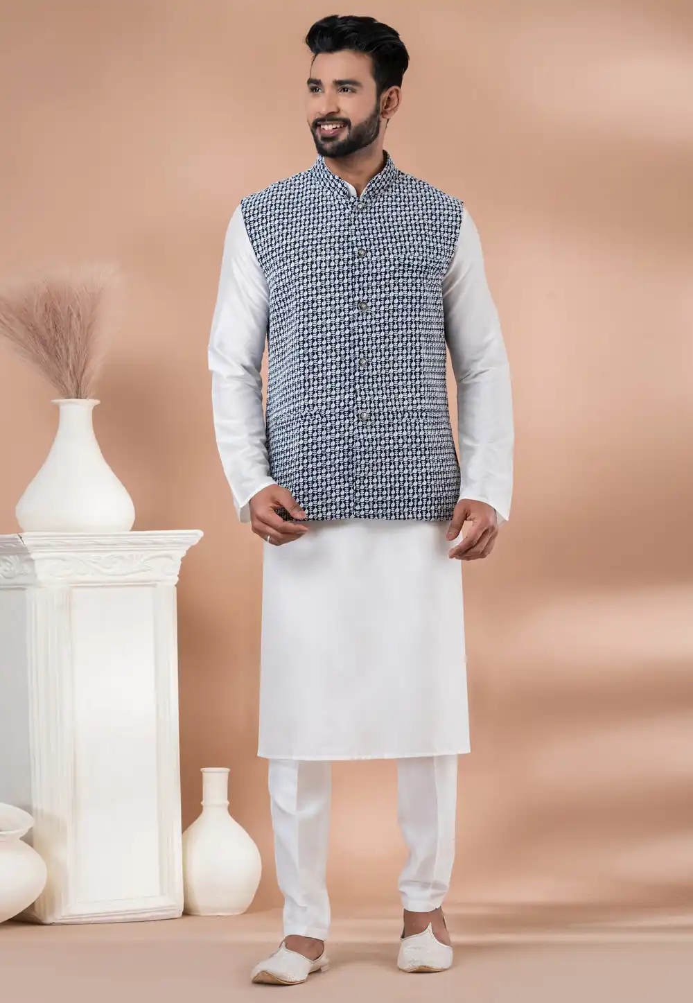 White Viscose Kurta Pajama With Jacket 288720