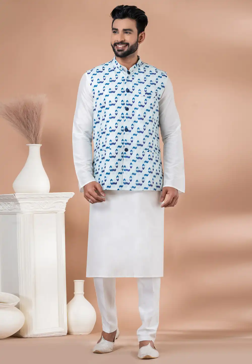 White Viscose Kurta Pajama With Jacket 288721