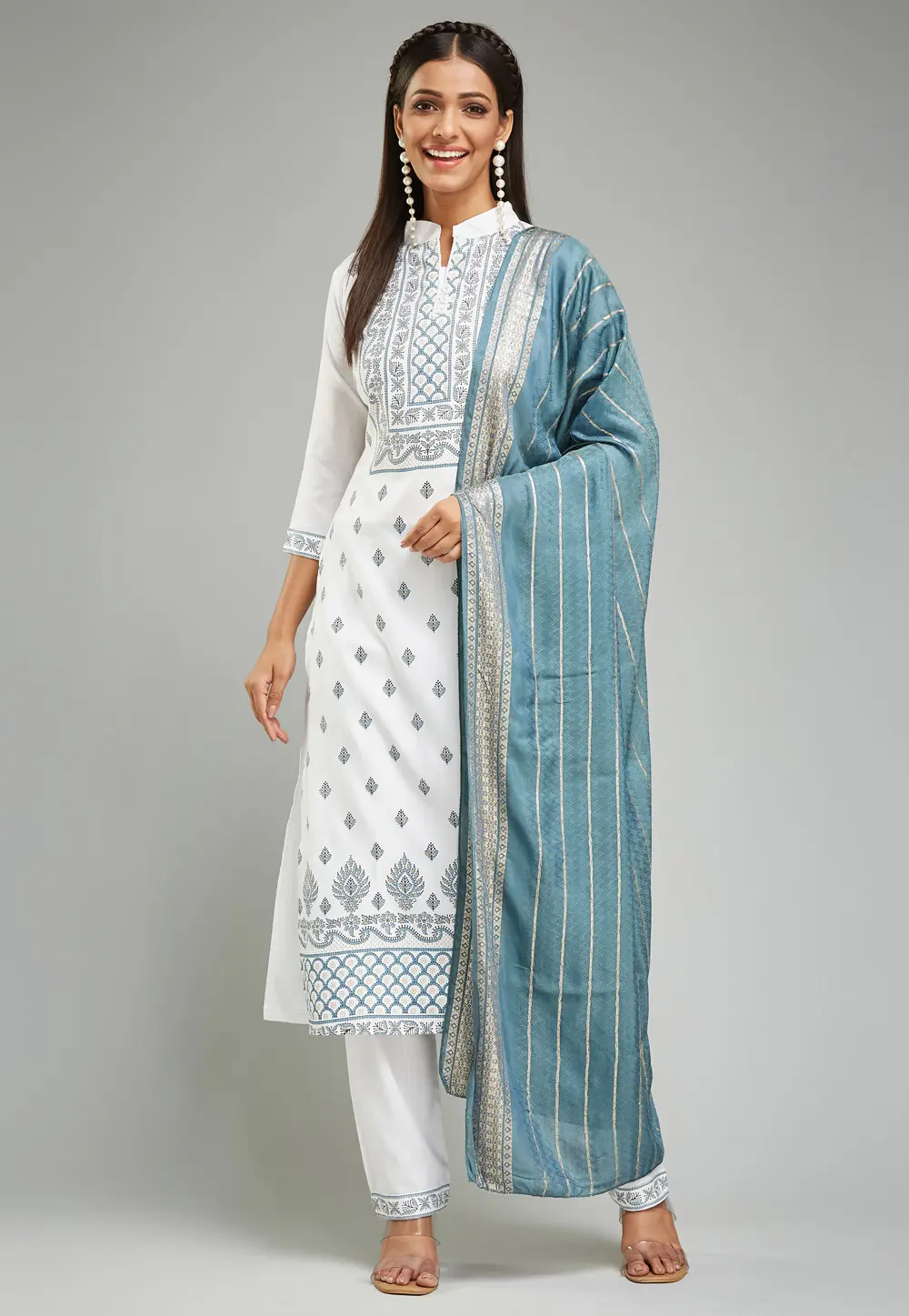 White Viscose Rayon Readymade Pant Style Suit 304002