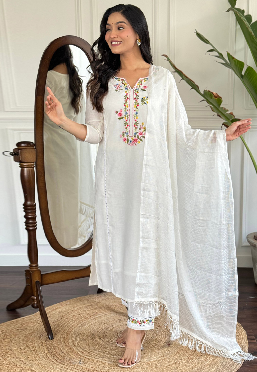 White Viscose Readymade Pakistani Suit 306564