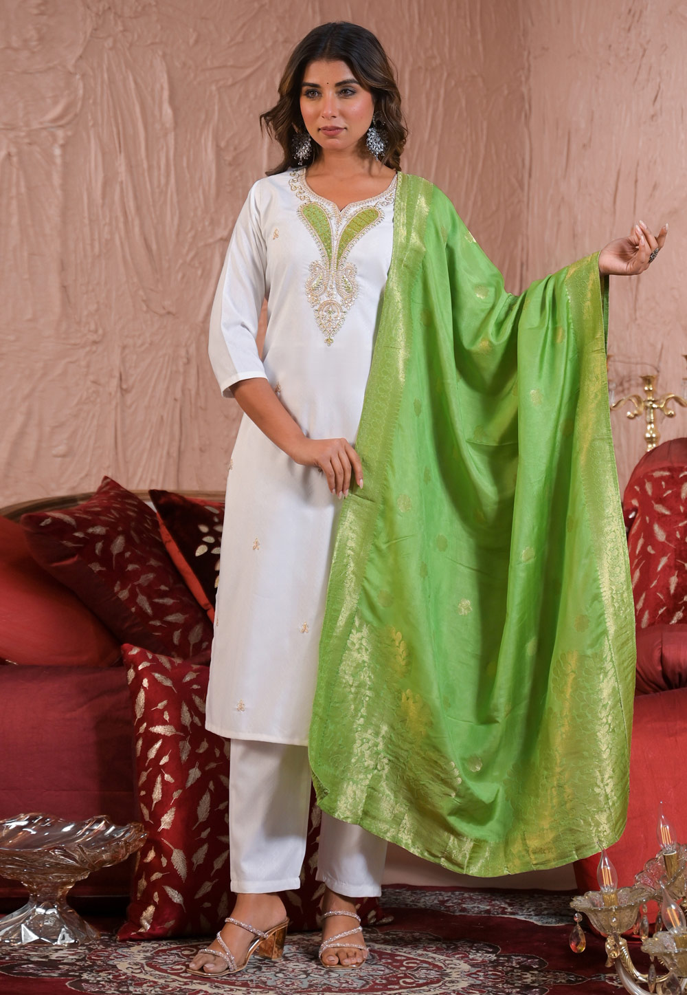 White Viscose Readymade Pakistani Suit 309458