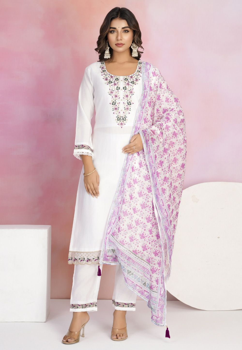 White Viscose Readymade Pakistani Suit 311072