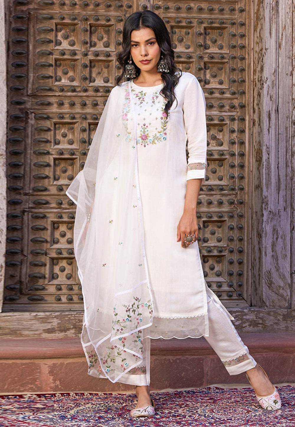 White Viscose Readymade Pant Style Suit 278916