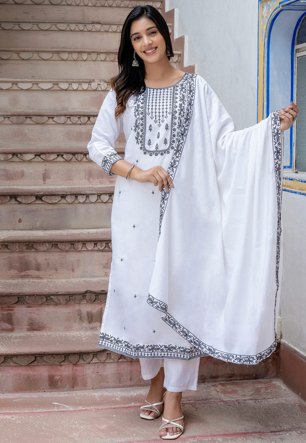 White Viscose Readymade Pant Style Suit 309145