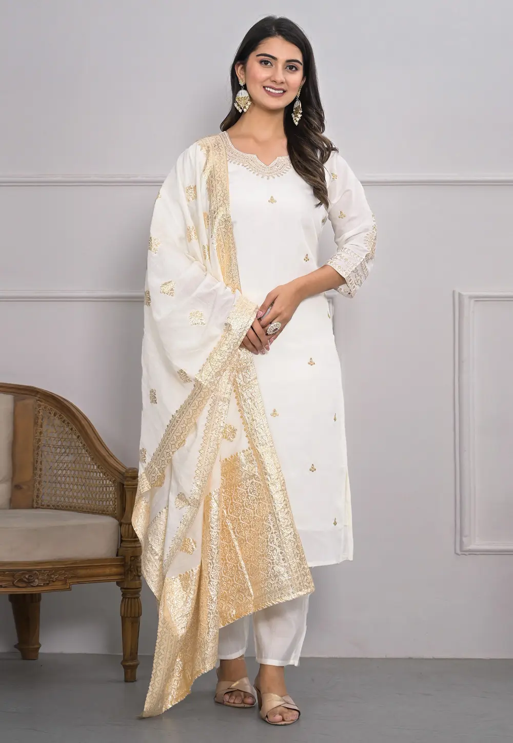 White Viscose Readymade Pant Style Suit 298373