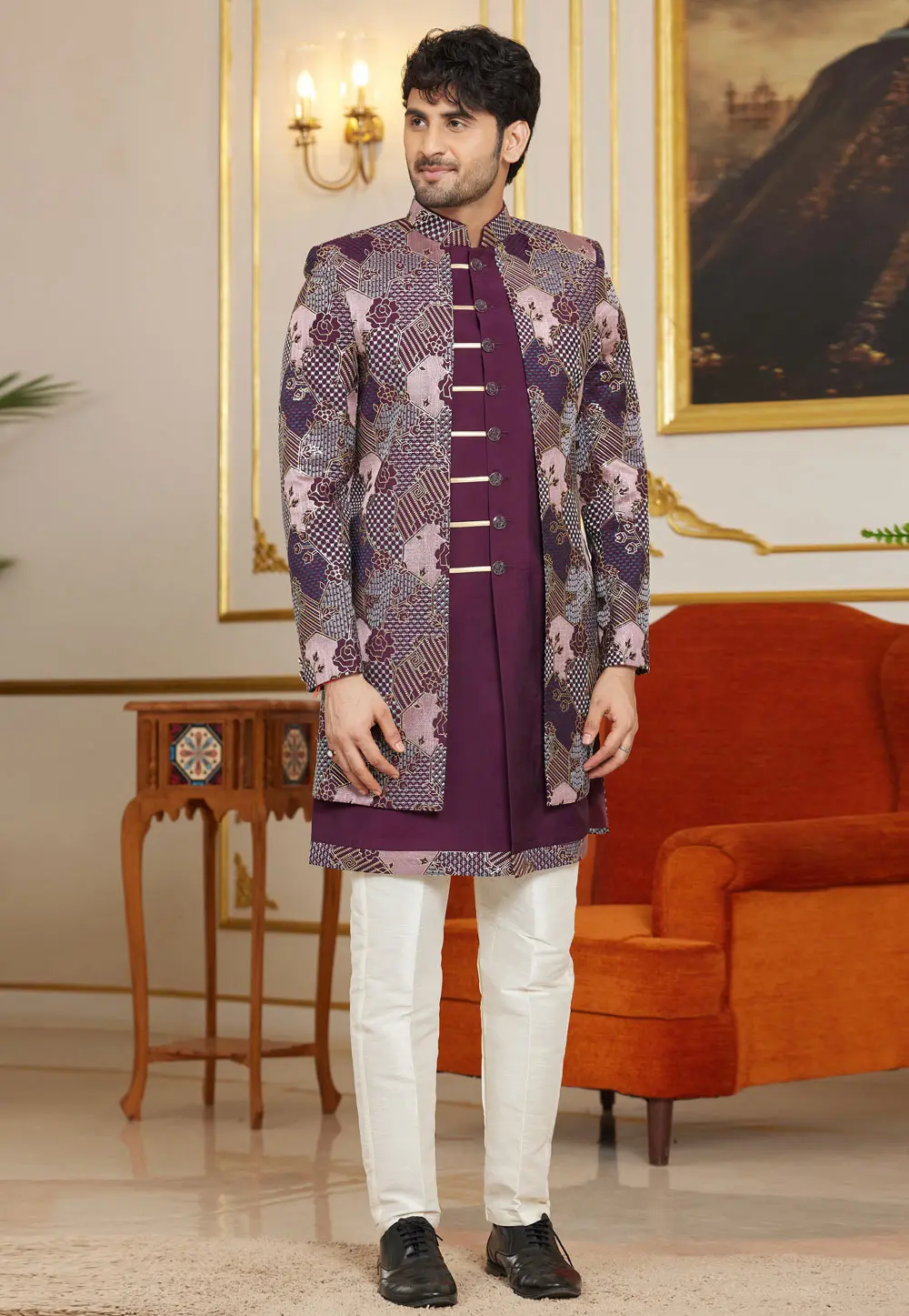 Wine Art Silk Jacket Style Sherwani 302207