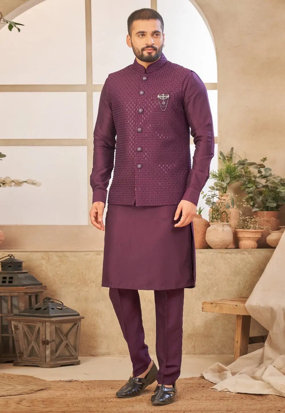 Wine Art Silk Kurta Pajama With Jacket 296674