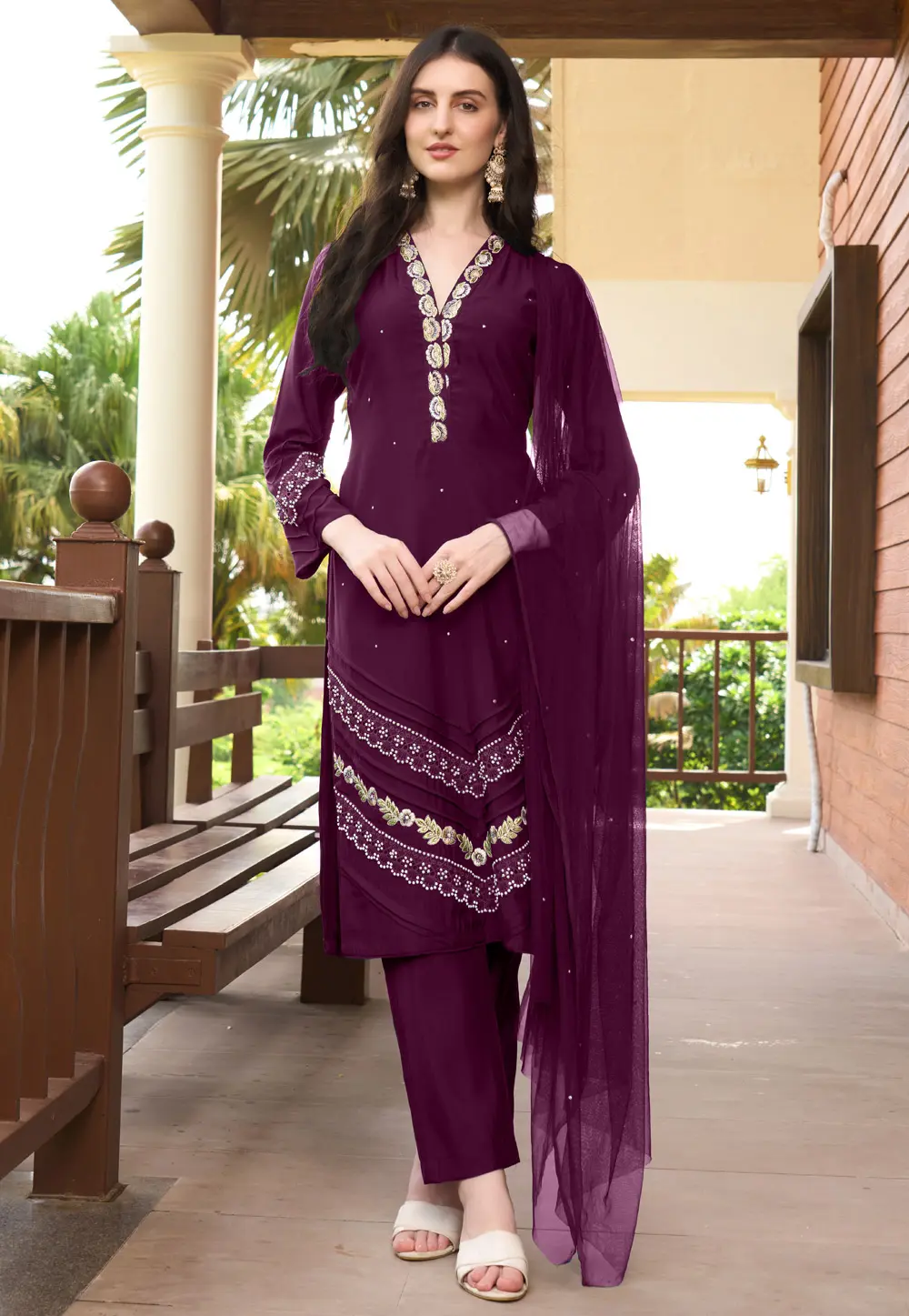 Wine Art Silk Readymade Pakistani Suit 300602