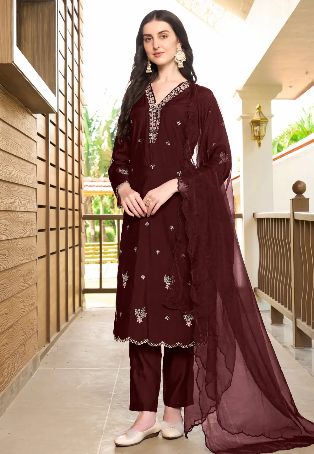 Wine Art Silk Readymade Pakistani Suit 303331