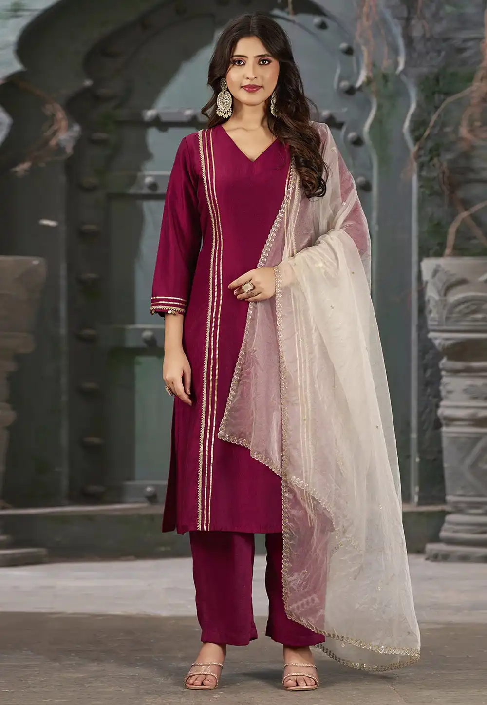 Wine Art Silk Readymade Pakistani Suit 294191