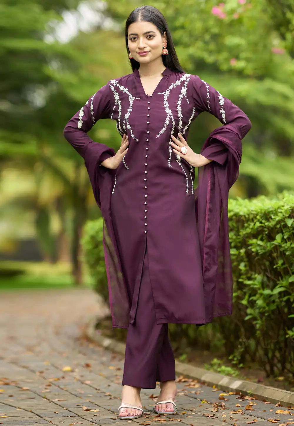 Wine Art Silk Readymade Pant Style Suit 293340