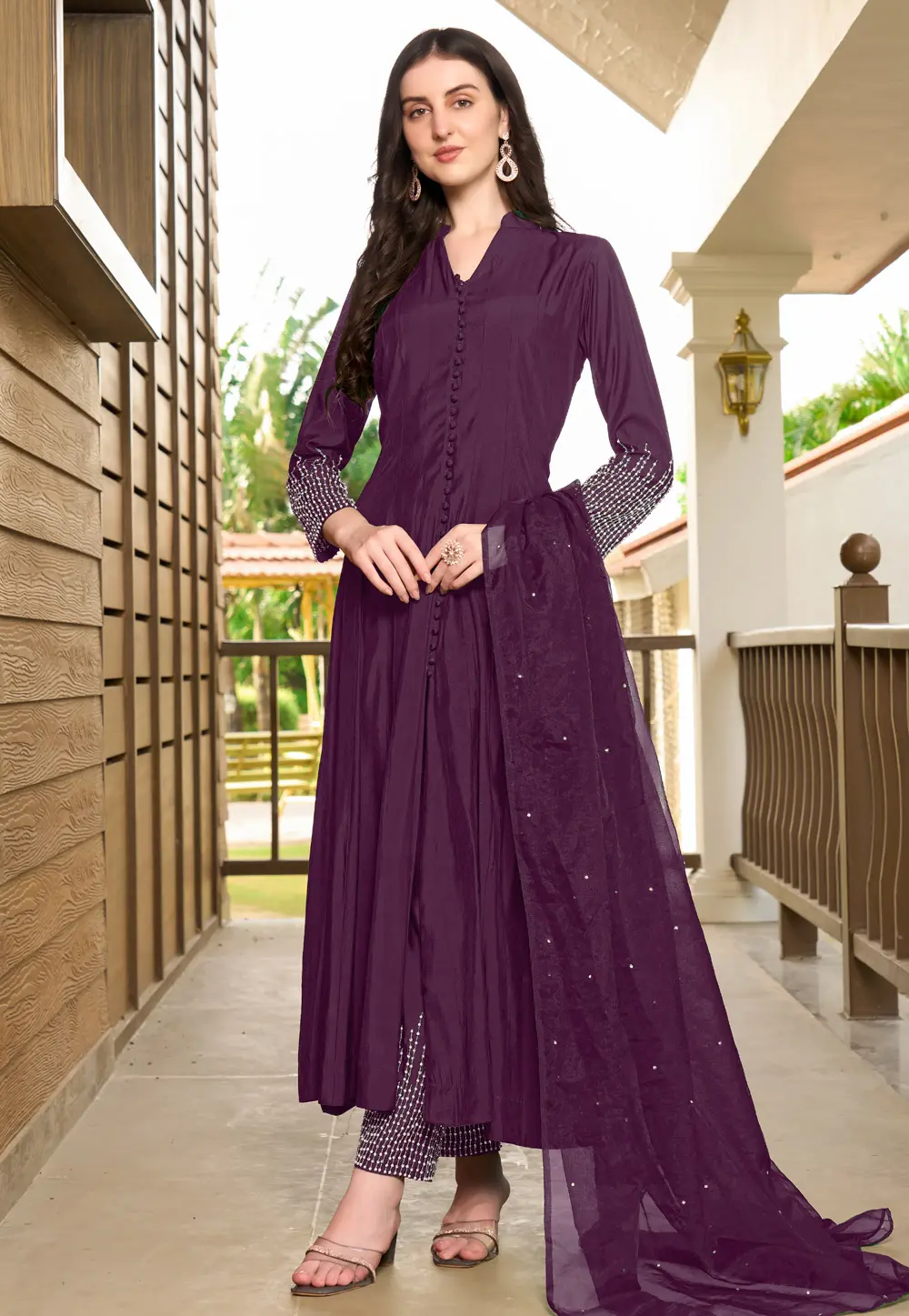 Wine Art Silk Readymade Pant Style Suit 300599