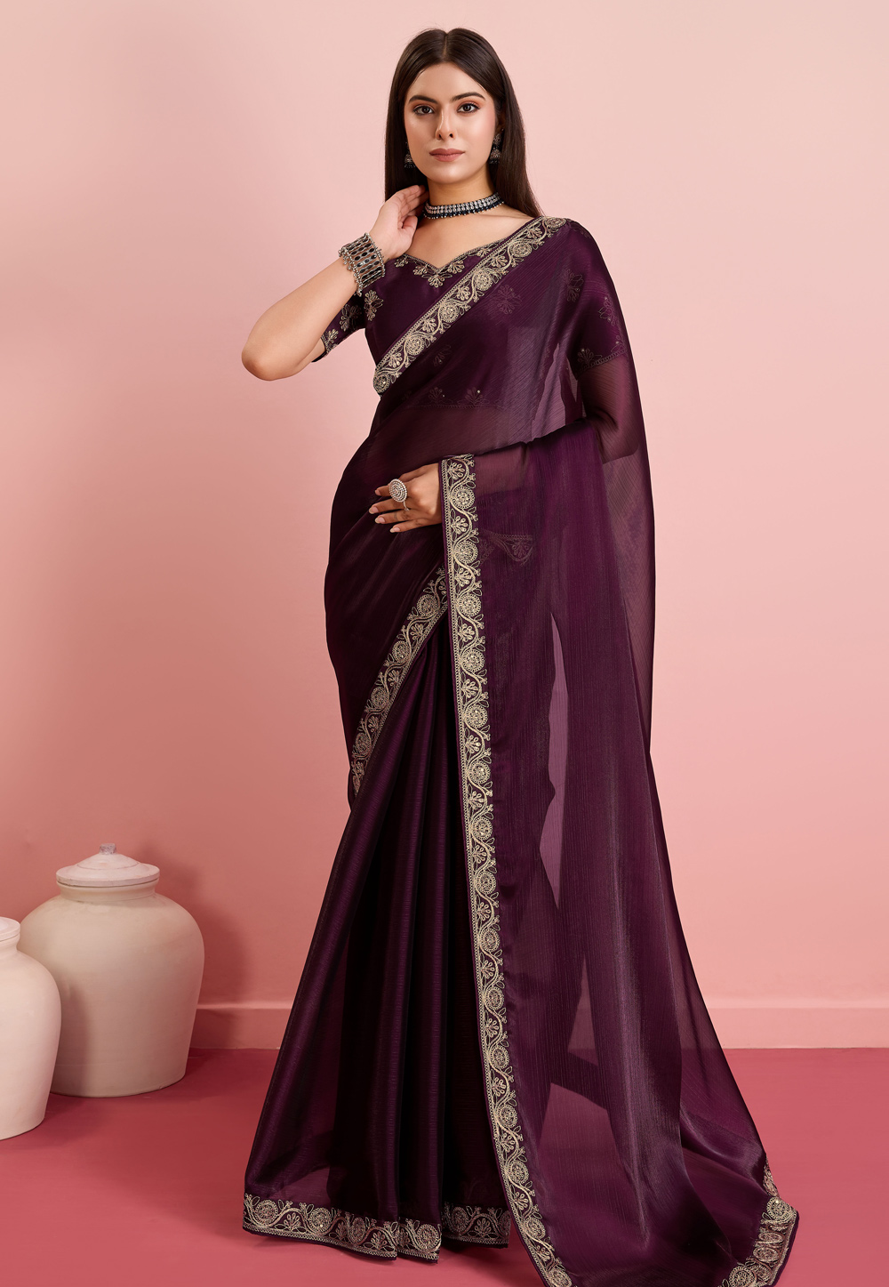 Wine Art Silk Saree With Blouse 287018