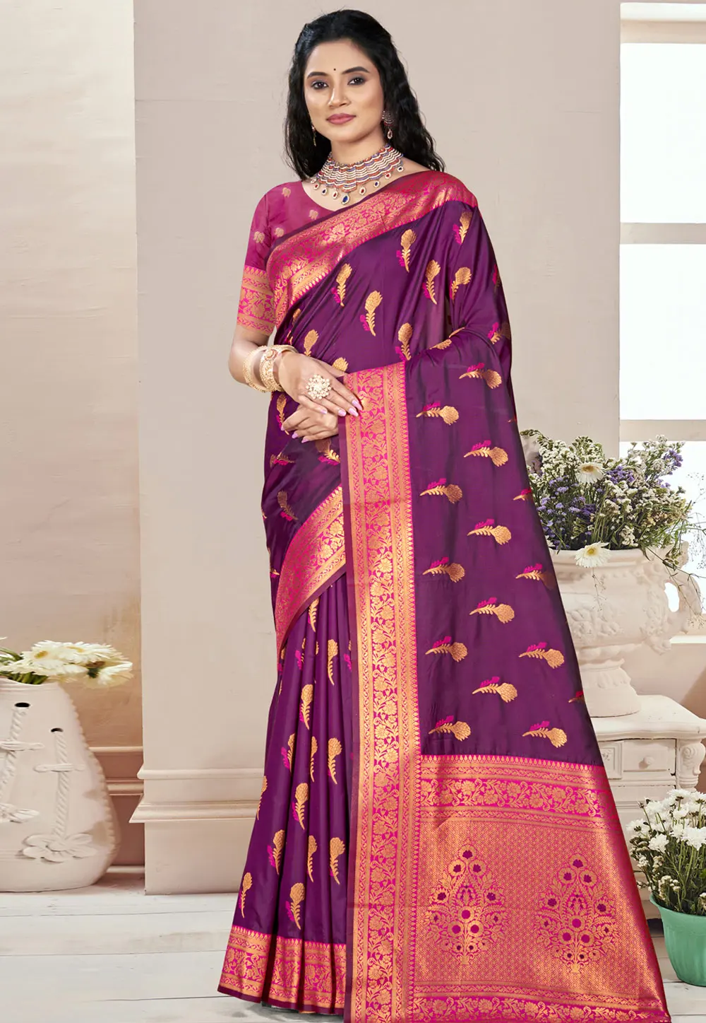 Wine Art Silk Saree With Blouse 302662