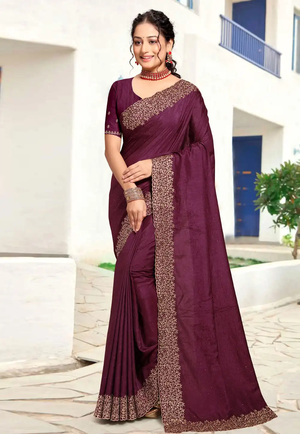 Wine Art Silk Saree With Blouse 294140