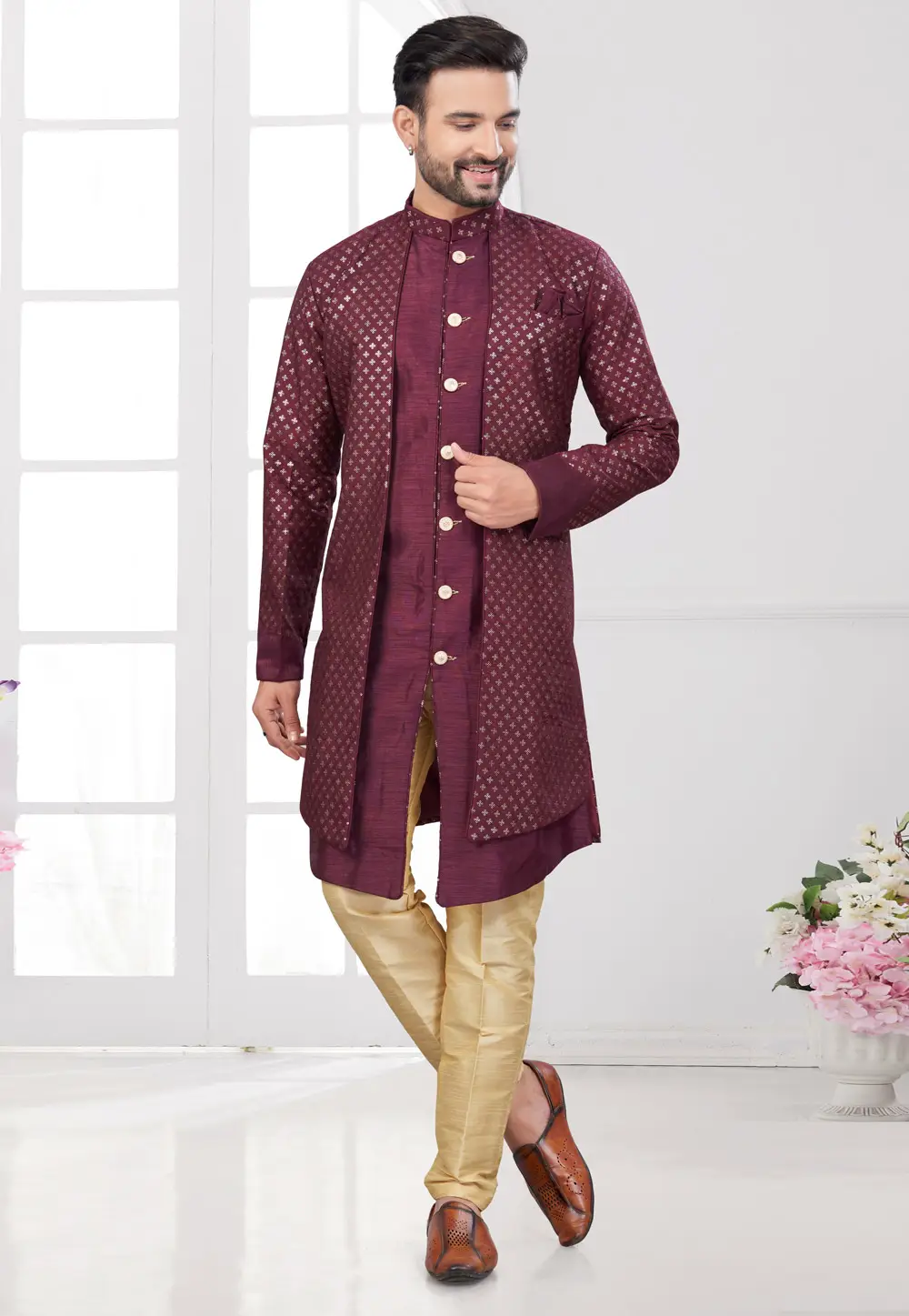 Wine Banarasi Silk Indo Western Suit 295585