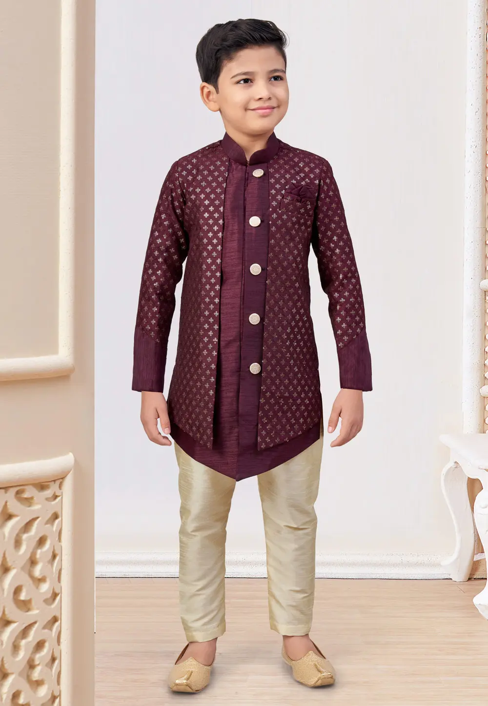 Wine Banarasi Silk Kids Indo Western Suit 301330