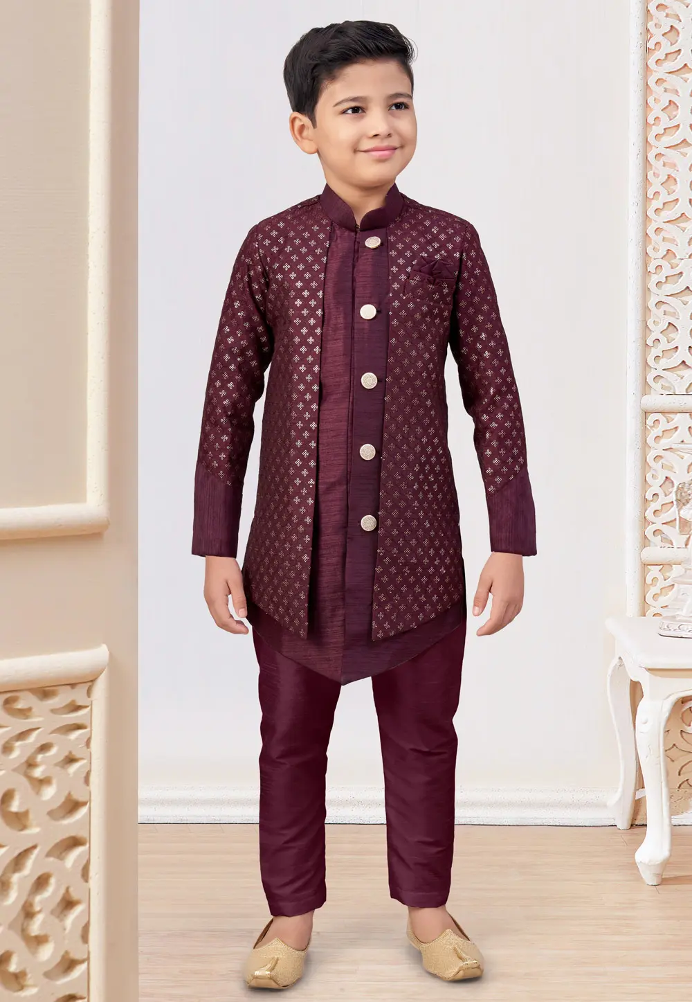 Wine Banarasi Silk Kids Indo Western Suit 303809