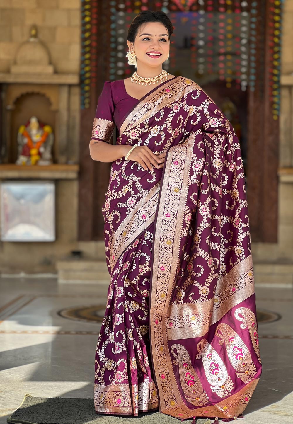 Wine Banarasi Silk Saree With Blouse 306553