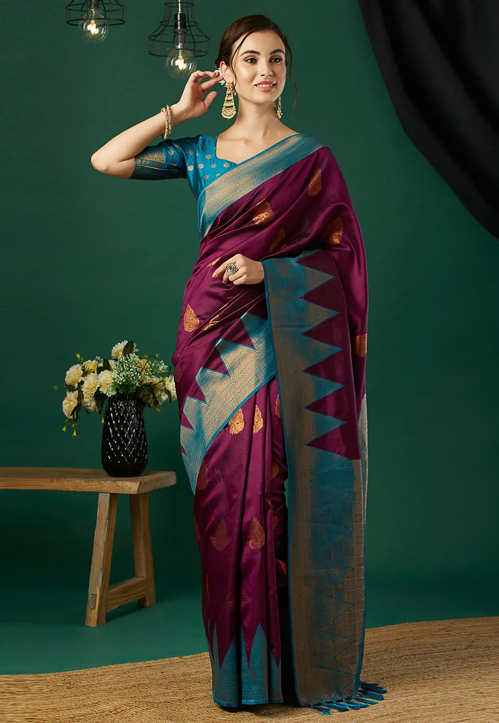 Wine Banarasi Silk Saree With Blouse 300543