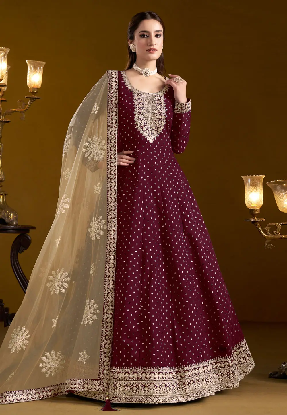 Wine Chanderi Long Anarkali Suit 297010