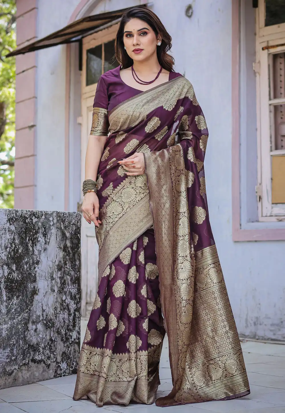 Wine Chanderi Silk Saree With Blouse 291270