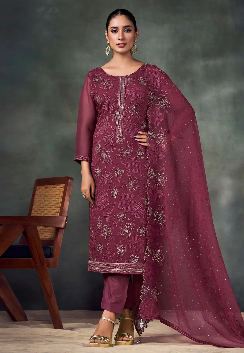 Wine Chiffon Embroidered Pant Style Suit 304043