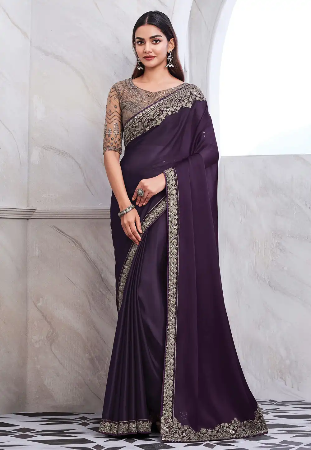 Wine Chiffon Saree With Blouse 292727