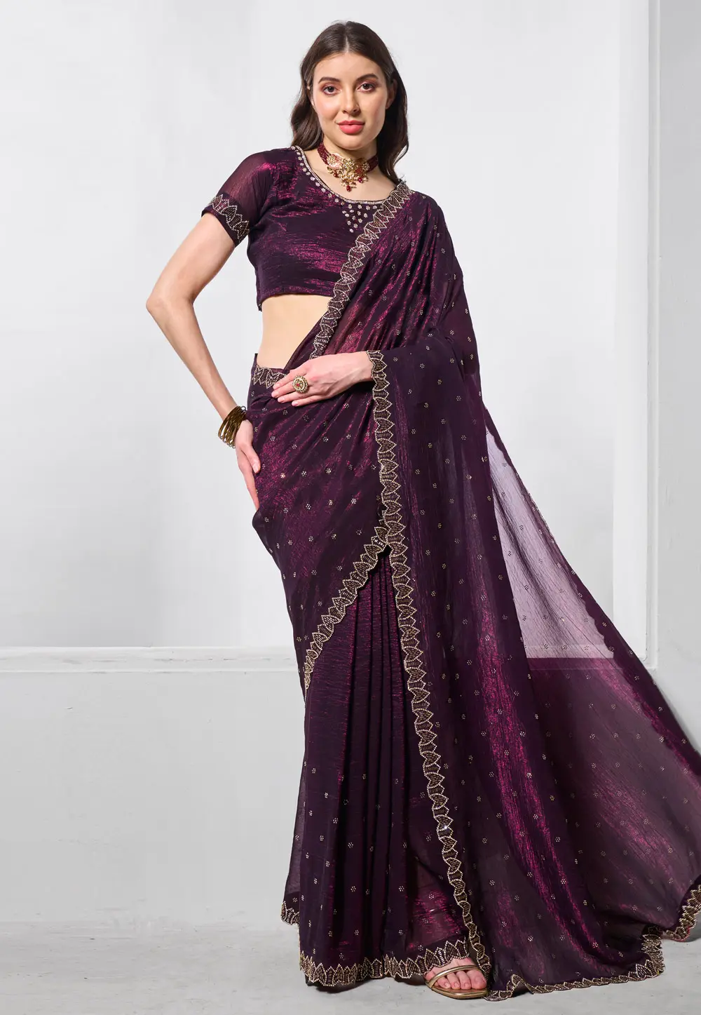 Wine Chiffon Saree With Blouse 299053