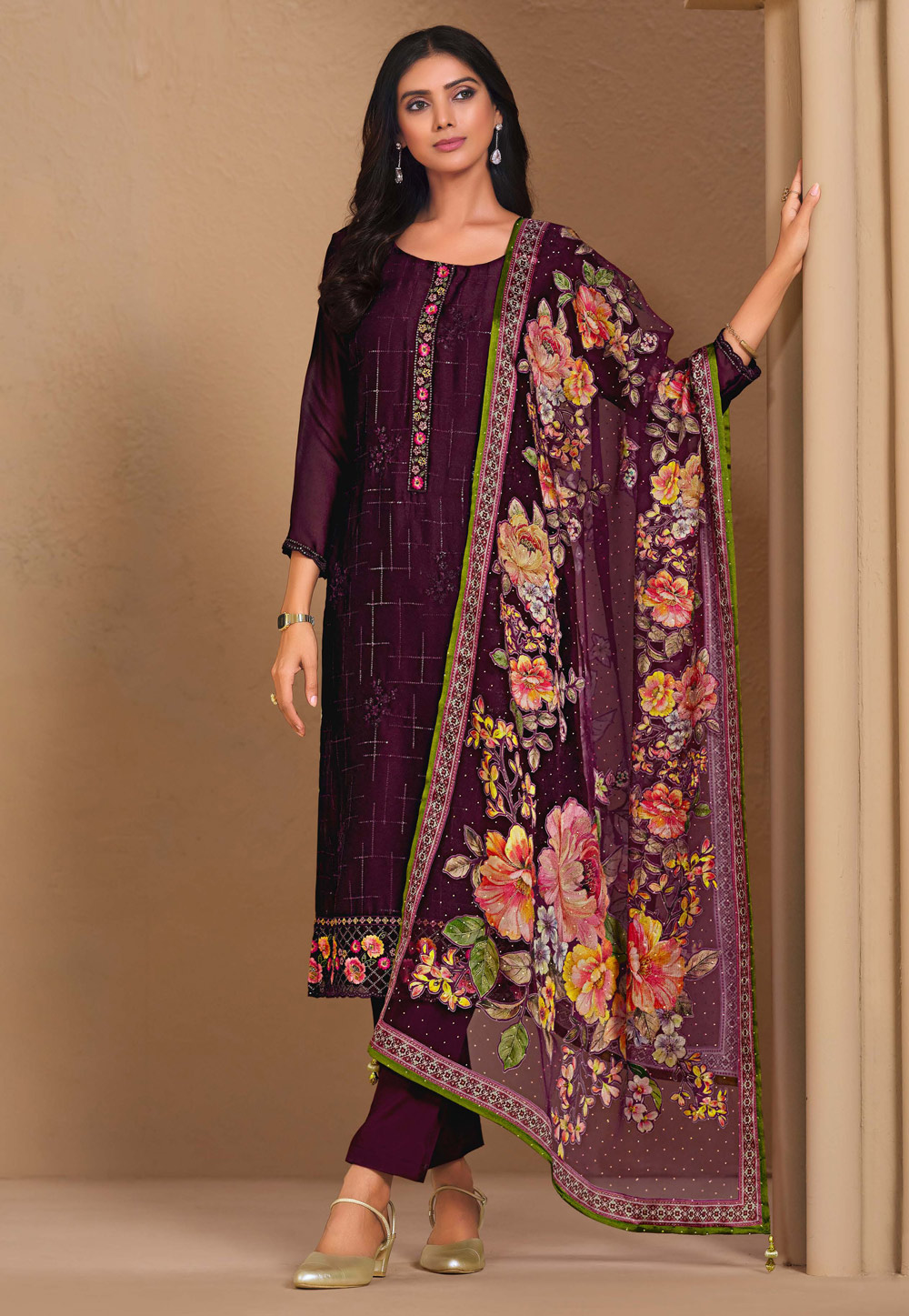 Wine Chinon Chiffon Pant Style Suit 310633