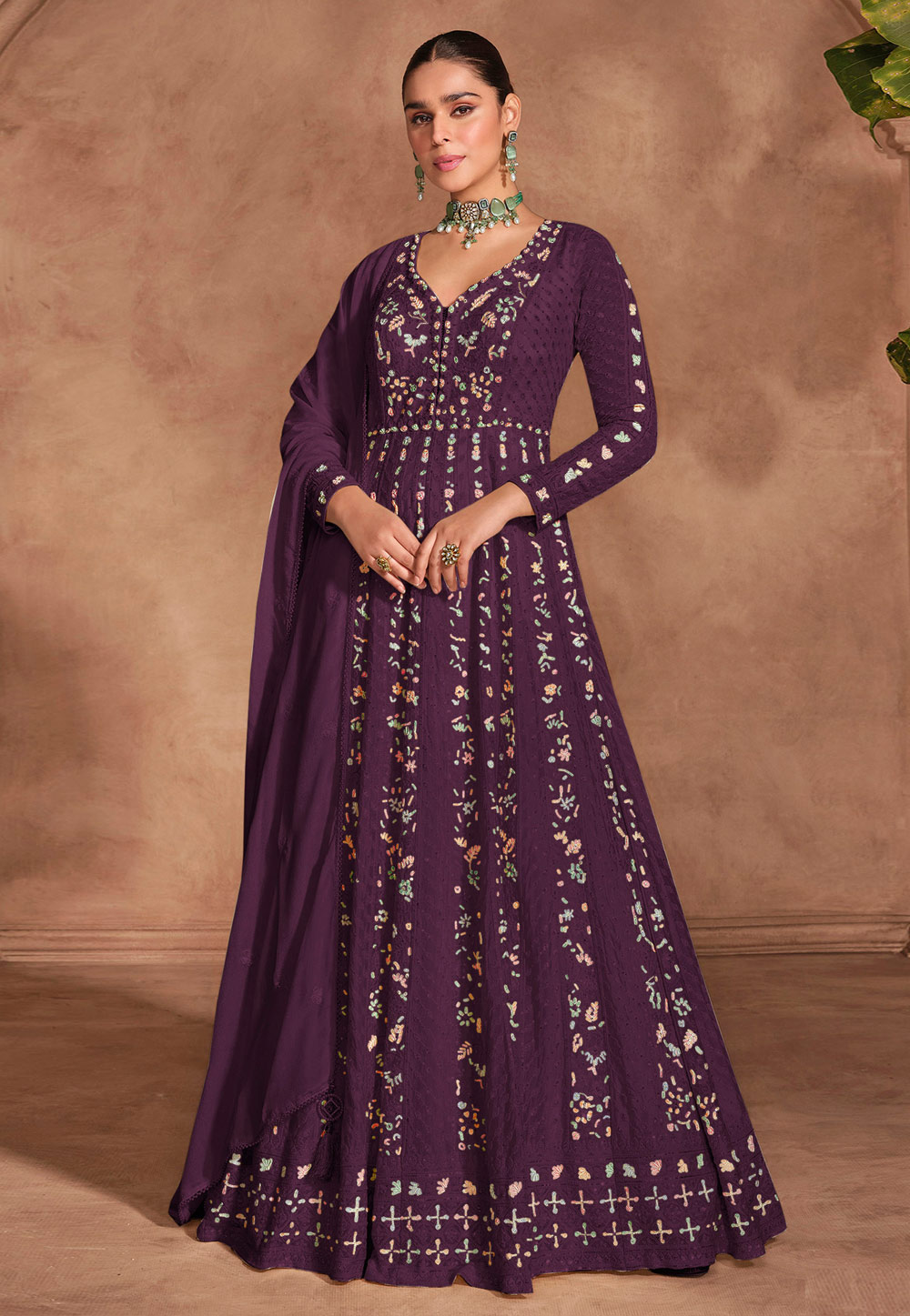 Wine Chinon Embroidered Long Anarkali Suit 305732