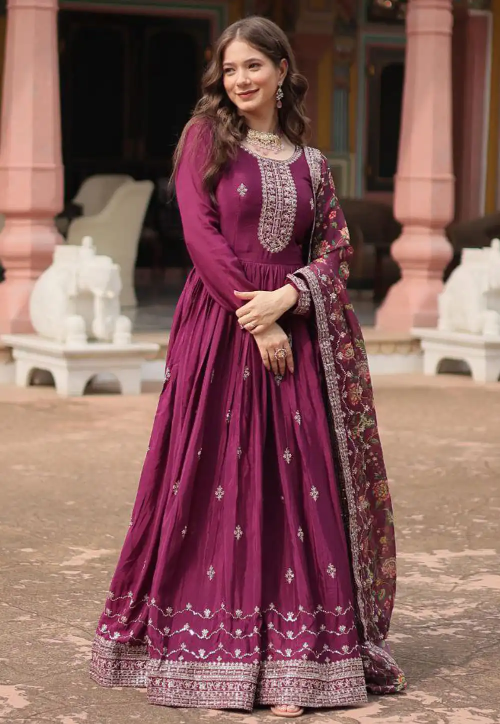 Wine Chinon Readymade Anarkali Suit 293616