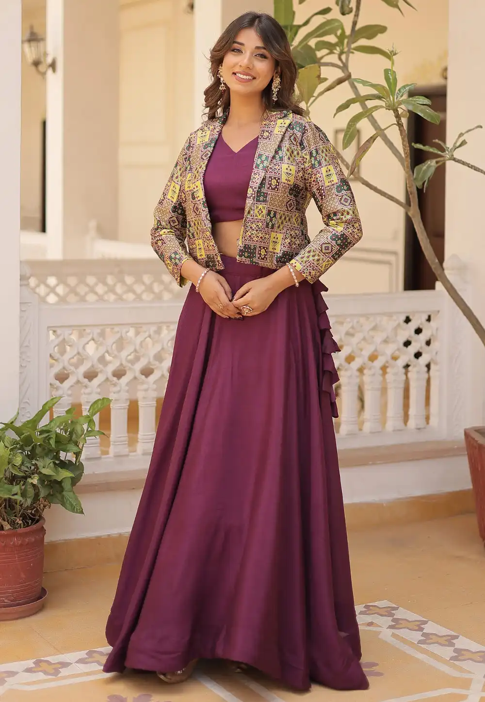 Wine Chinon Readymade Jacket Style Lehenga Choli 291231